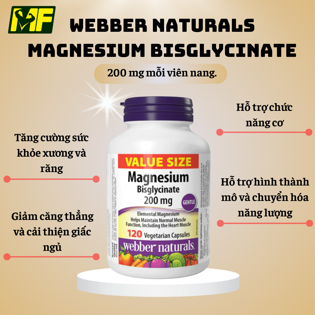 Webber Naturals Magnesium Bisglycinate 200 mg(120 viên)- Bổ sung Magie