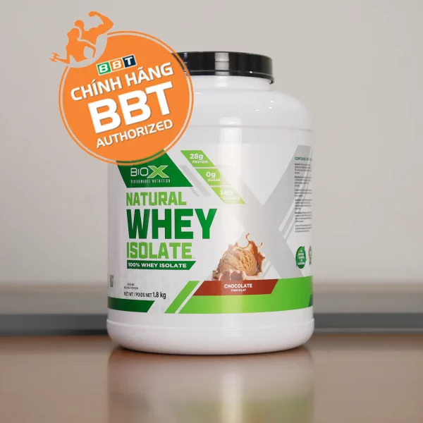 Hũ BioX Natural Whey Isolate 1,8 kg vị Chocolate, tem chính hãng BBT Authorized