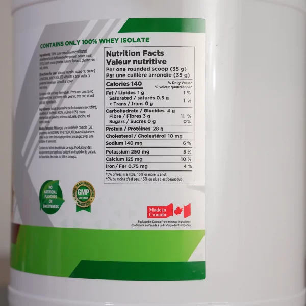Bảng thành phần dinh dưỡng BioX Natural Whey Isolate trên muỗng 35 g