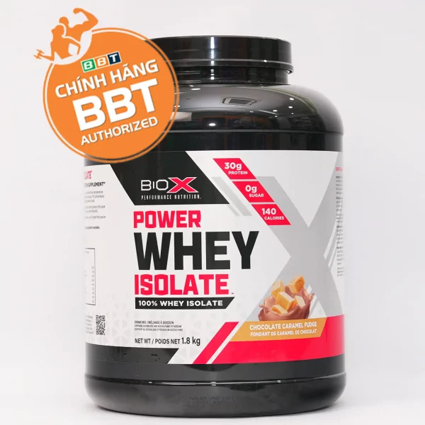 Hũ BioX Power Whey Isolate 1,8 kg vị Chocolate Caramel Fudge, mặt trước, tem chính hãng BBT Authorized