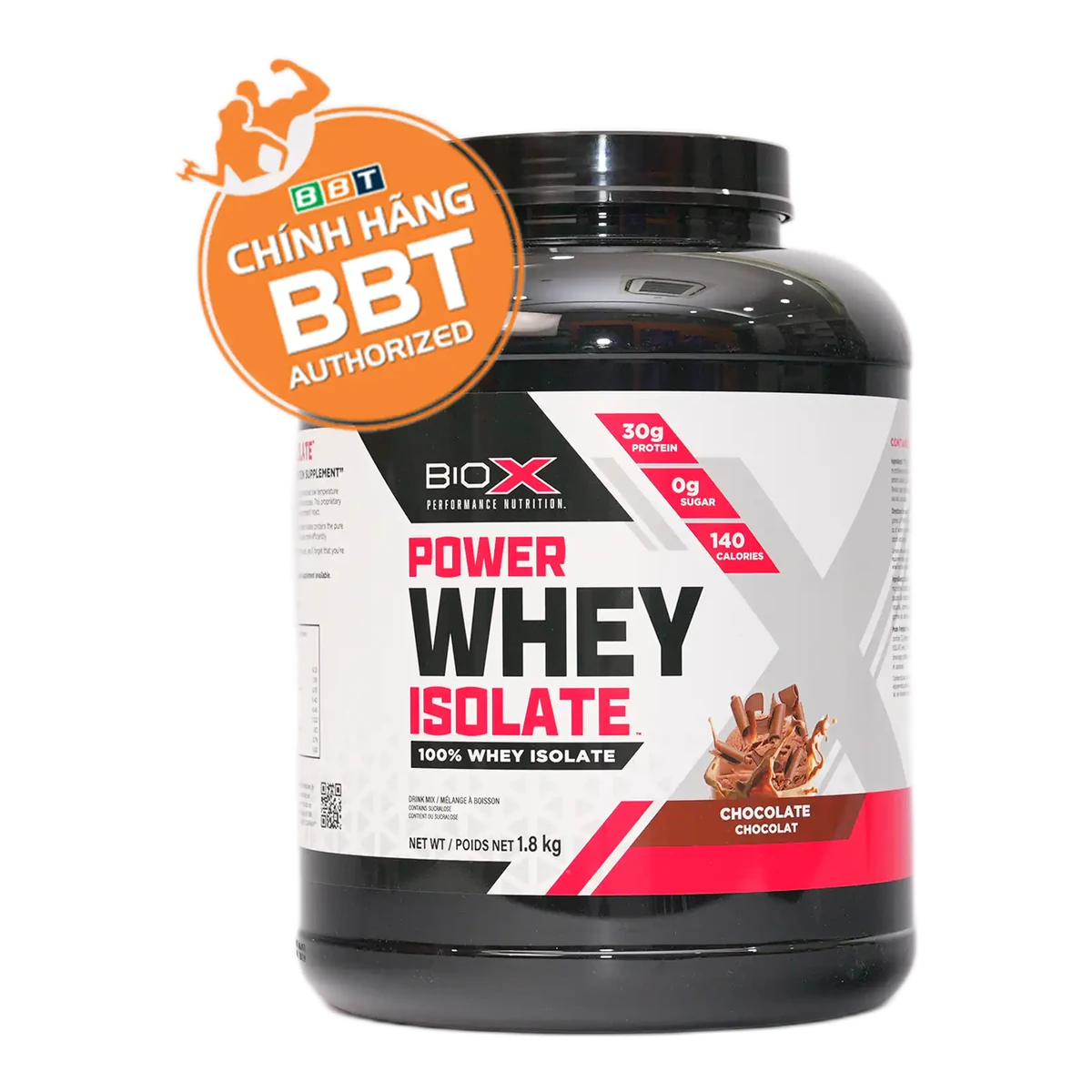 BioX Power Whey Isolate 1,8kg vị Chocolate, tem chính hãng BBT, nền trắng