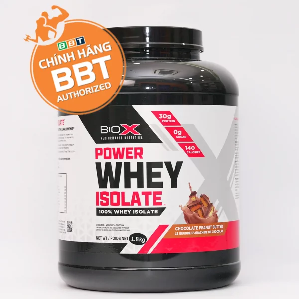 Hũ BioX Power Whey Isolate 1,8 kg vị Chocolate Peanut Butter (sô cô la bơ đậu phộng), mặt trước, tem chính hãng BBT Authorized