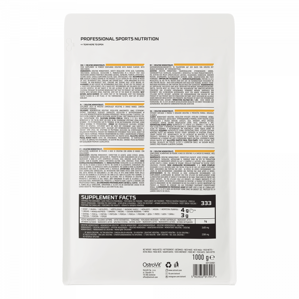 OstroVit Creatine Monohydrate 1kg vị xoài, dạng túi, mặt sau với bảng thành phần Supplement Facts