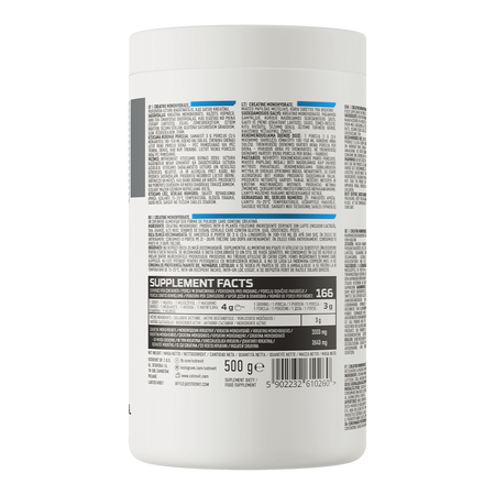 Hũ nhựa OstroVit Creatine Monohydrate 500 g không vị (Natural), mặt sau với bảng thành phần Supplement Facts